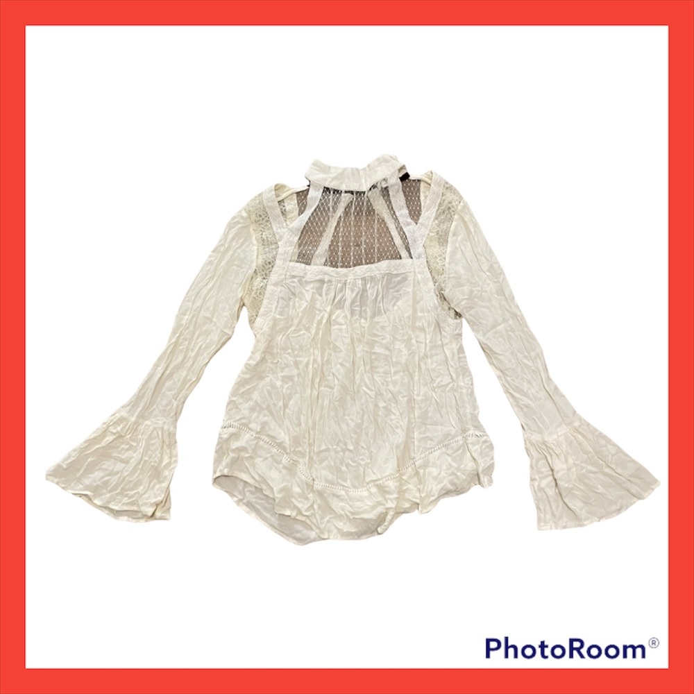 Clover + Scout White Lace Long Sleeve High Neck Blouse Shirt Top